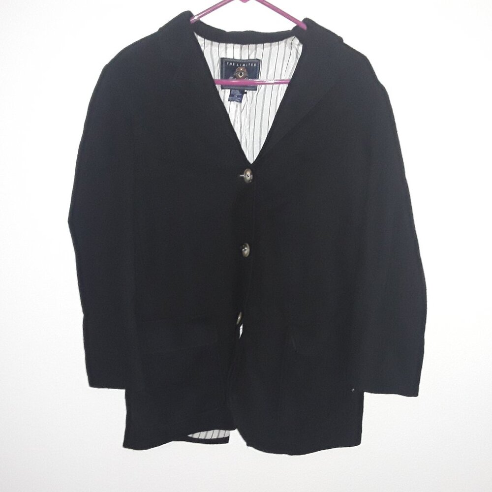 The Limited Edition ladies XS wool black coat w/gold/black stripres satin liner.